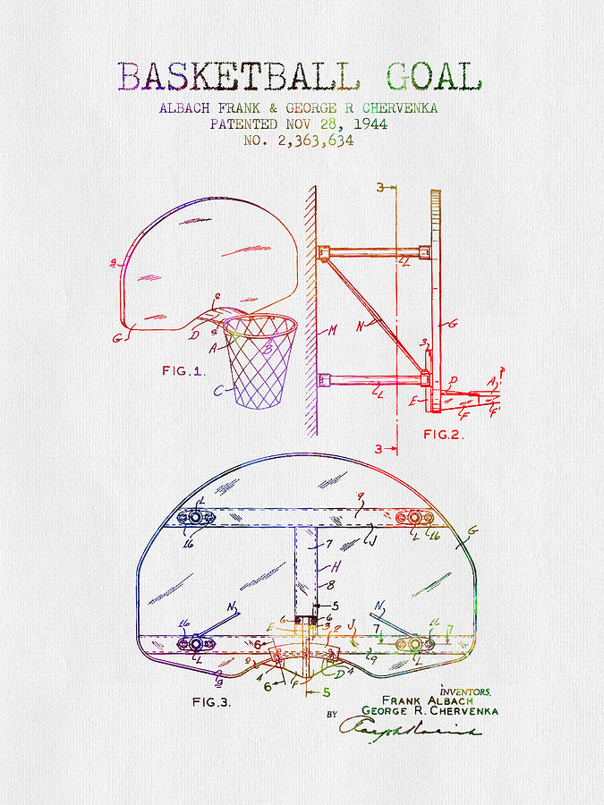 Basketball Digital Art - 1944 Basketball Goal Patent - Color by Aged Pixel