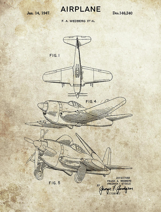 1947 Airplane Patent Design Drawing by 