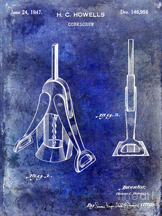 Wine Photograph - 1947 Corkscrew Patent Blue by Jon Neidert