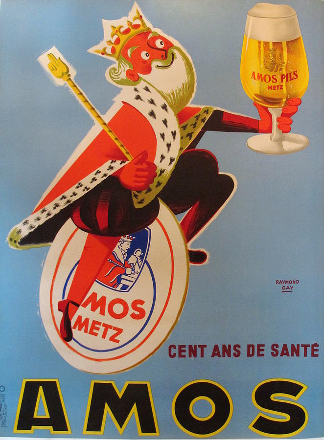 Vintage Painting - 1948 Vintage Art Deco Poster, Amos Pilz Beer Ad, Cent Ans de Sante by Raymond Gay