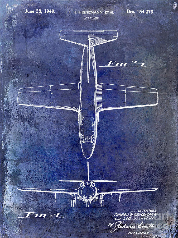 Airplane Photograph - 1949 Airplane Patent Drawing Blue by Jon Neidert
