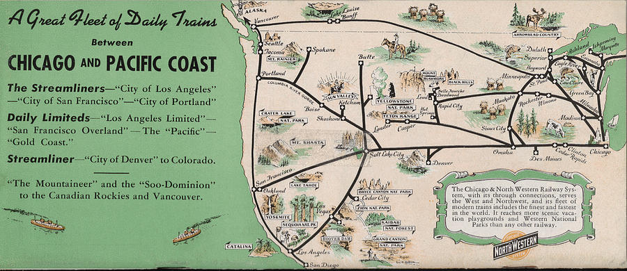 1949 Midwest and Pacific Coast Train Map  Photograph by Chicago and North Western Historical Society