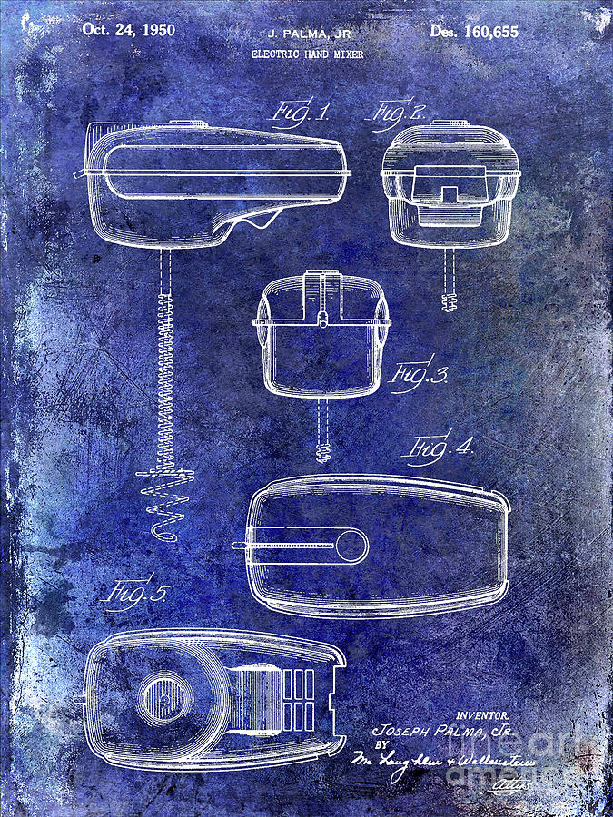 1950 Electric Hand Mixer Patent Blue Photograph by Jon Neidert