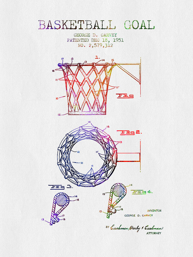 Basketball Digital Art - 1951 Basketball Goal Patent - Color by Aged Pixel