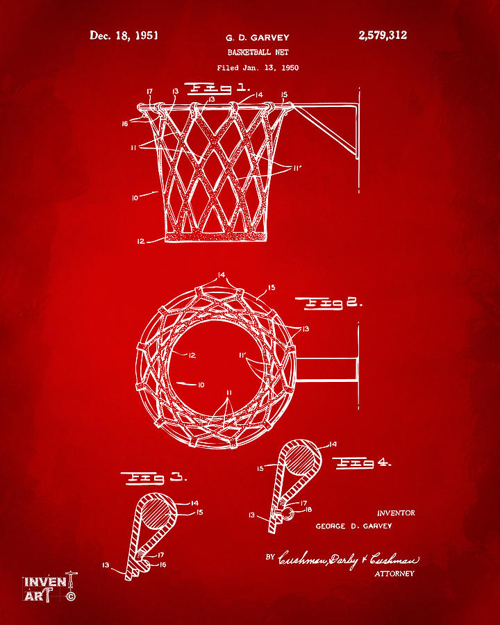 1951 Basketball Net Patent Artwork - Red Digital Art by Nikki Marie Smith