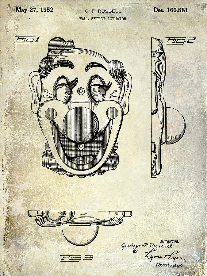 Clown Photograph - 1952 Clown Light Switch Patent  by Jon Neidert