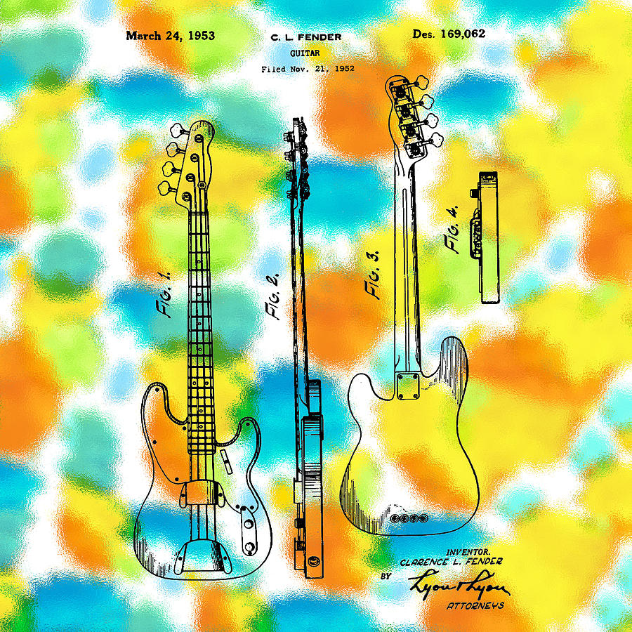 Bass Photograph - 1952 Fender Precision Bass Patent - Water Color  by Bill Cannon