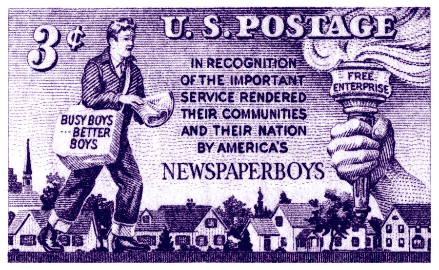 1952 Newspaper Boys Stamp Painting by Historic Image
