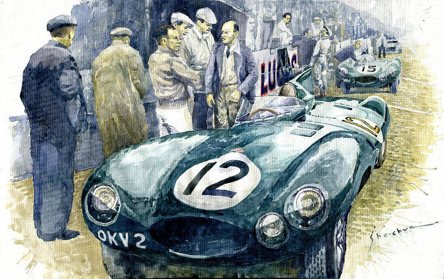 Automotive Painting - 1954 Le Mans 24 Jaguar D type Short Nose Stirling Moss Peter Walker by Yuriy Shevchuk Automotive Painting - 1954 Le Mans 24 Jaguar D type Short Nose Stirling Moss Peter Walker by Yuriy Shevchuk