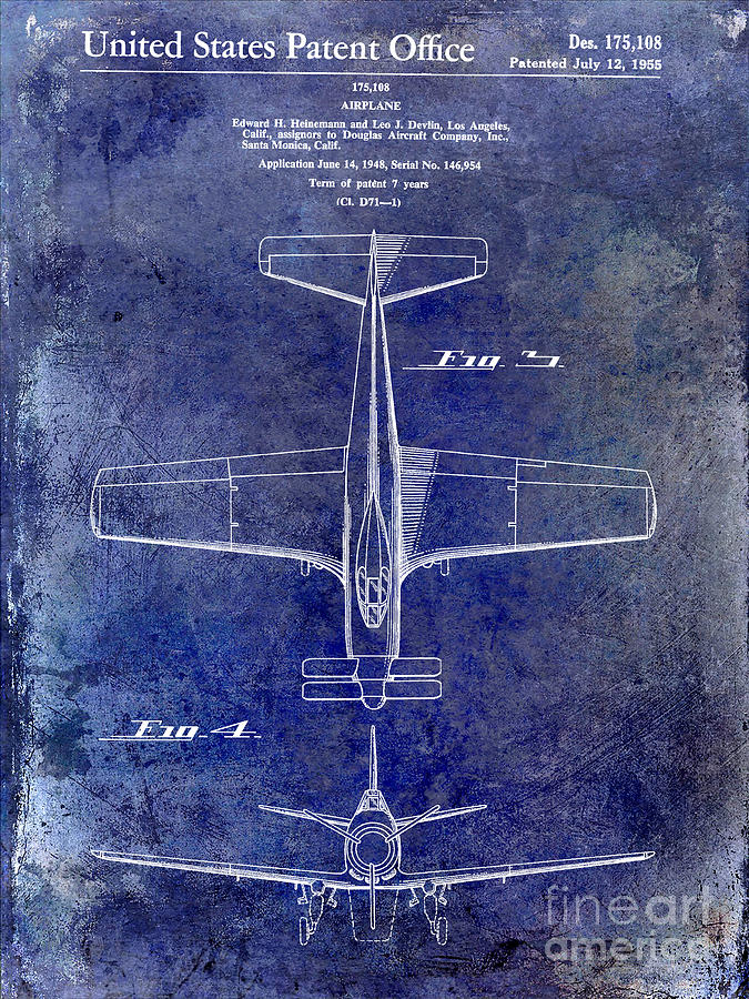 1955 Airplane Patent Drawing 2 Blue Photograph by Jon Neidert - Fine ...