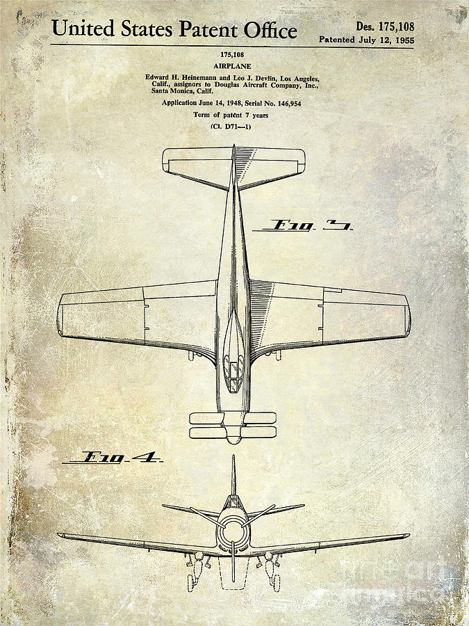 Airplane Photograph - 1955  Airplane Patent Drawing 2 by Jon Neidert