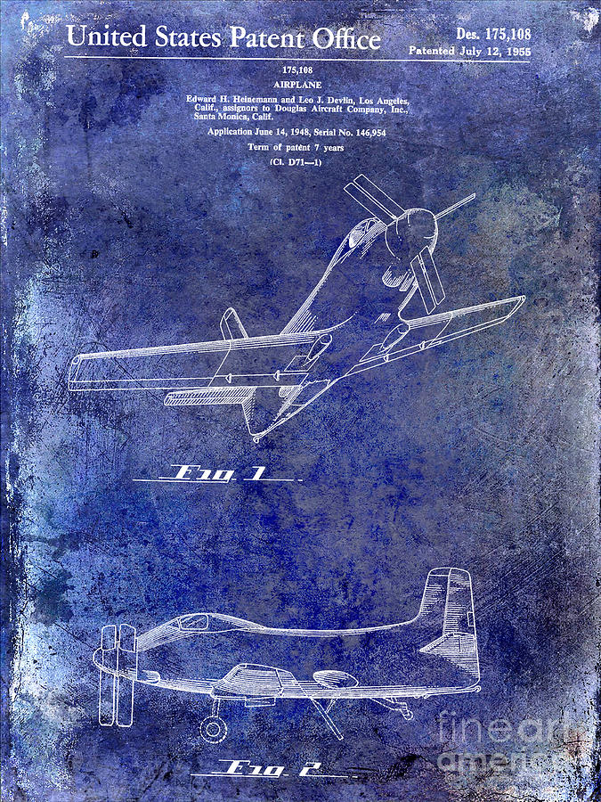 1955  Airplane Patent Drawing Blue Photograph by Jon Neidert
