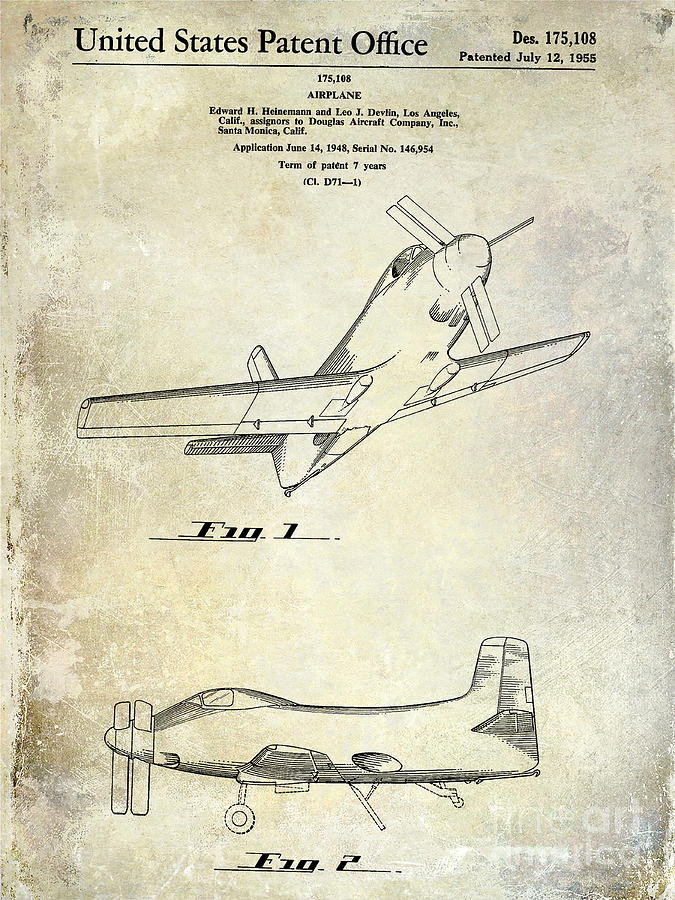 Airplane Photograph - 1955  Airplane Patent Drawing by Jon Neidert