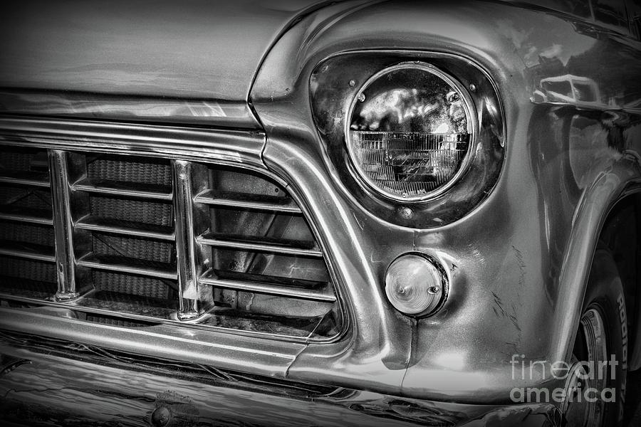 1955 Chevy Pick Up Truck Front Quarter Panel in black and white Photograph by Paul Ward
