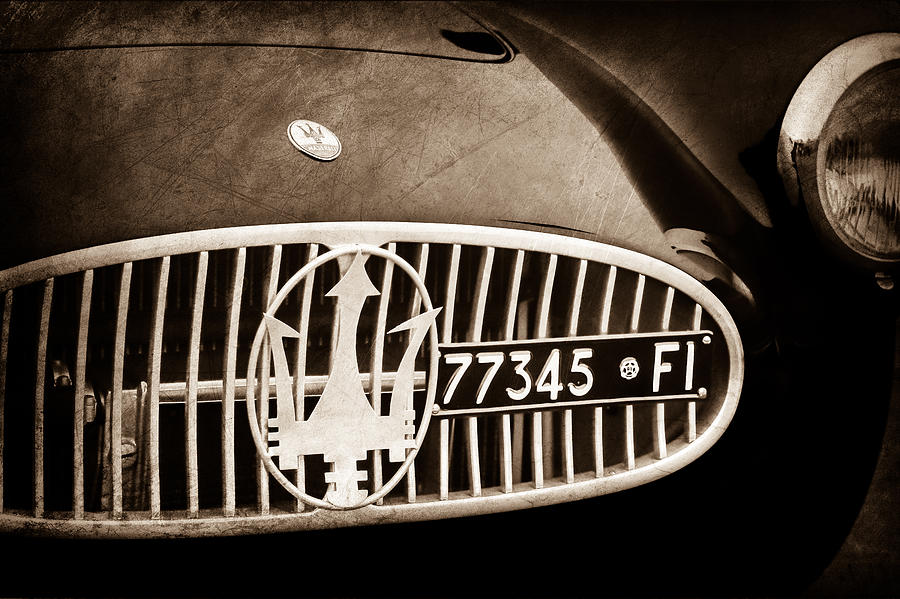 Car Photograph - 1955 Maserati A6GCS Roadster Grille Emblem -0482s by Jill Reger