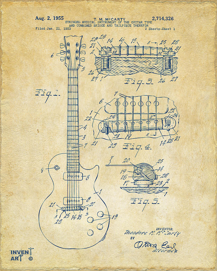 Guitar Drawing - 1955 McCarty Gibson Les Paul Guitar Patent Artwork Vintage by Nikki Marie Smith