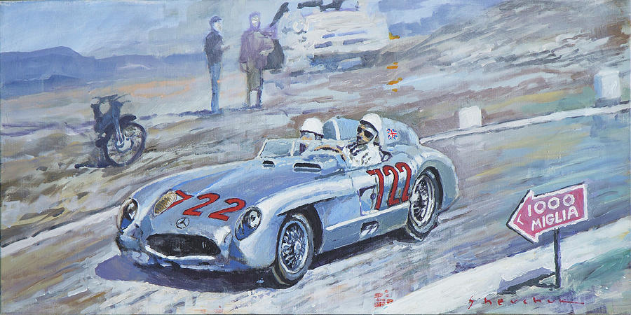 Vintage Painting - 1955 Mercedes Benz 300 SLR Moss Jenkinson winner Mille Miglia 01-02 by Yuriy Shevchuk