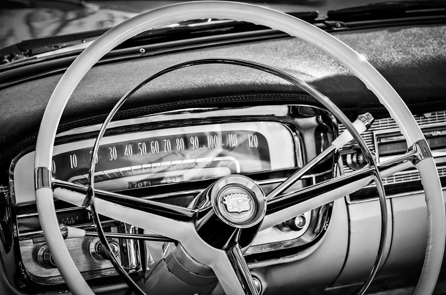 Black And White Photograph - 1956 Cadillac Steering Wheel -0480bw by Jill Reger