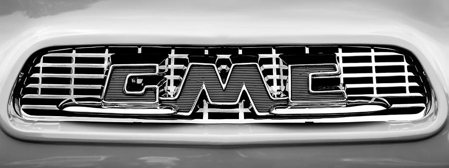 Transportation Photograph - 1956 GMC 100 Deluxe Edition Pickup Truck  Grille Emblem -0584bw by Jill Reger