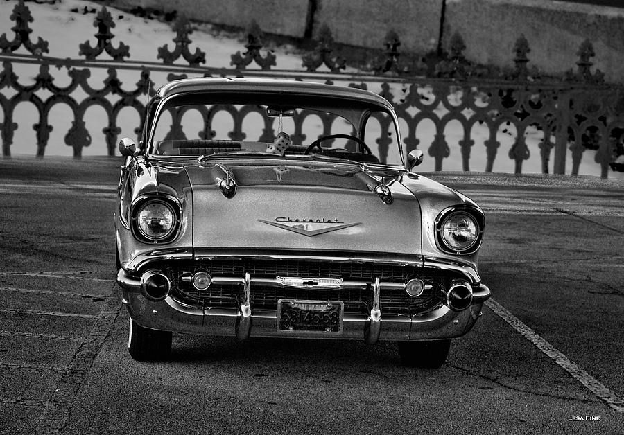 Transportation Photograph - 1957 Chevy at the Gate BW by Lesa Fine