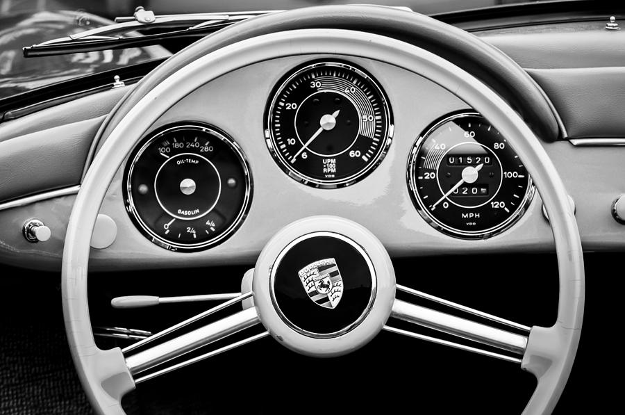 1957 Porsche 356A 1600S Speedster Steering Wheel Emblem -1822bw Photograph by Jill Reger