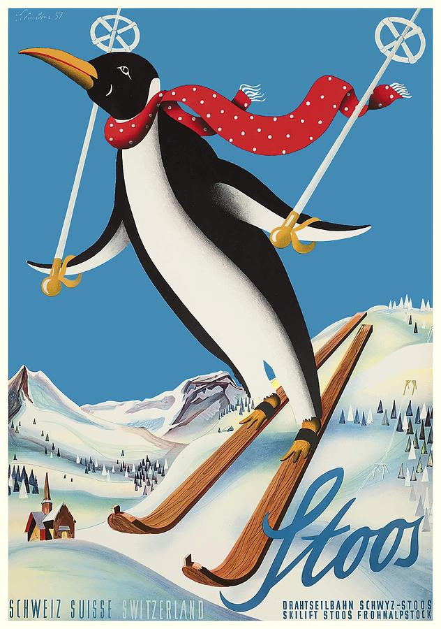 Penguin Digital Art - 1957 Stoos Switzerland Skiing Penguin Travel Poster by Retro Graphics