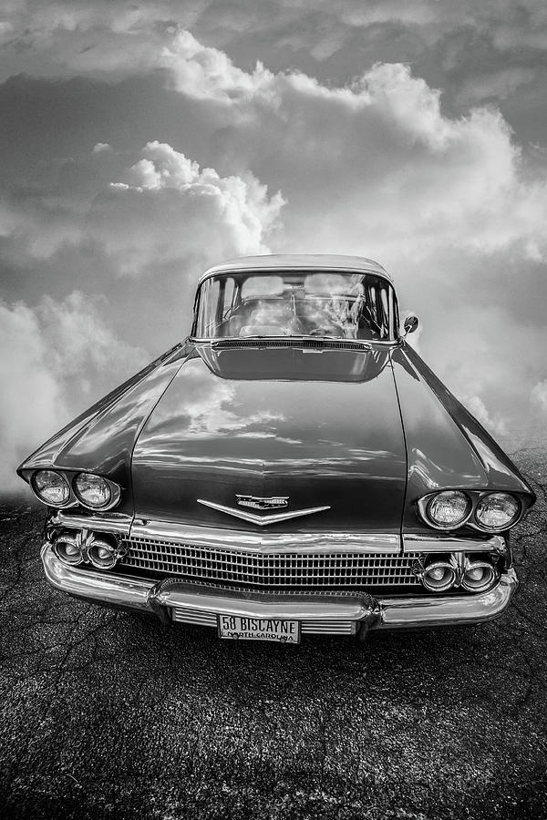 1958 Chevrolet Biscayne in Black and White Photograph by Debra and Dave Vanderlaan