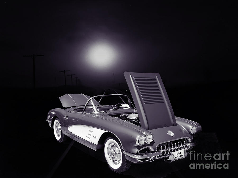 1958 Corvette by Chevrolet and a Train Sepia Photograph 3483.01 Photograph by M K Miller