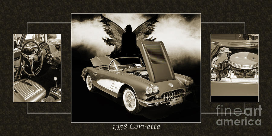 1958 Corvette by Chevrolet and Dark Angel Collage Sepia Print 35 Photograph by M K Miller