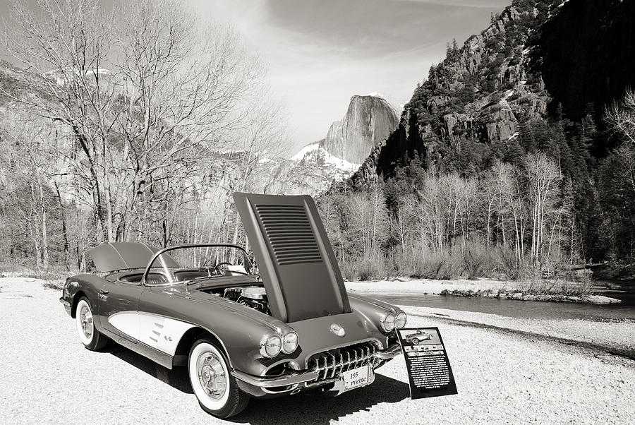 1958 Corvette by Chevrolet Near River in a Sepia Photograph 3495 Photograph by M K Miller