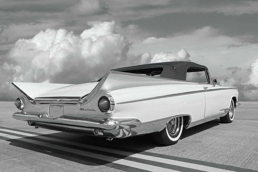 1959 Buick Convertible Rear in Black and White Photograph by Gill Billington