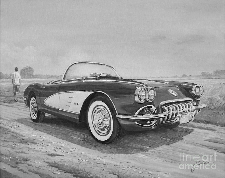 1959 Chevrolet Corvette Cabriolet In Black and White Painting by Sinisa Saratlic