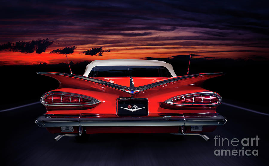 1959 Chevrolet Impala Convertible on road in sunset Photograph by Maxim Images Exquisite Prints
