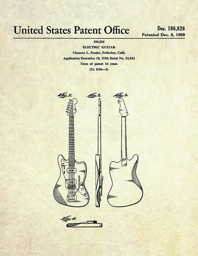 1959 Fender Jazzmaster Guitar Patent Art Digital Art by Gary Bodnar