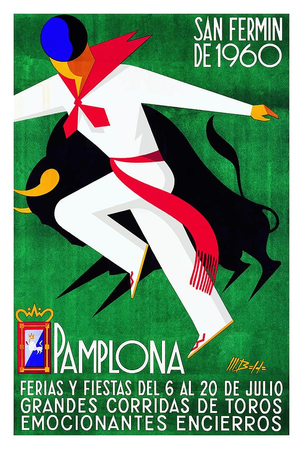 Travel Poster Digital Art - 1960 Pamplona Spain Running of the Bulls Poster by Retro Graphics