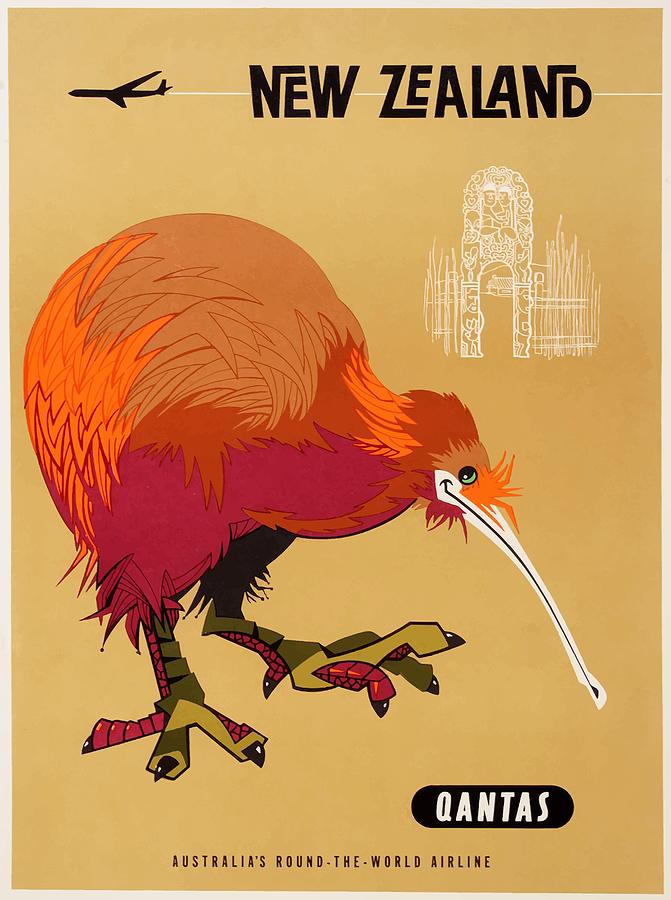 Qantas Digital Art - 1960 Qantas New Zealand Kiwi Travel Poster by Retro Graphics Qantas Digital Art - 1960 Qantas New Zealand Kiwi Travel Poster by Retro Graphics