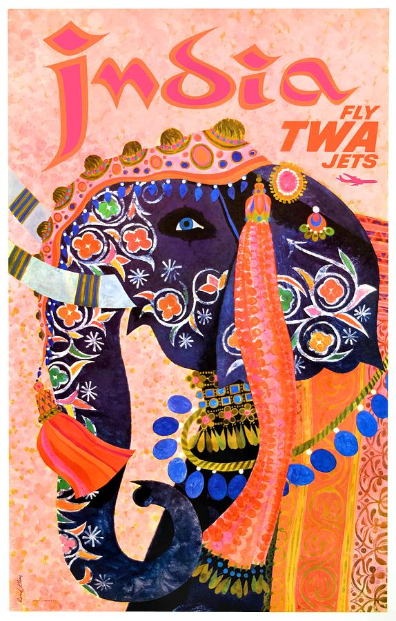 India Digital Art - 1960 TWA India Elephant Travel Poster by Retro Graphics