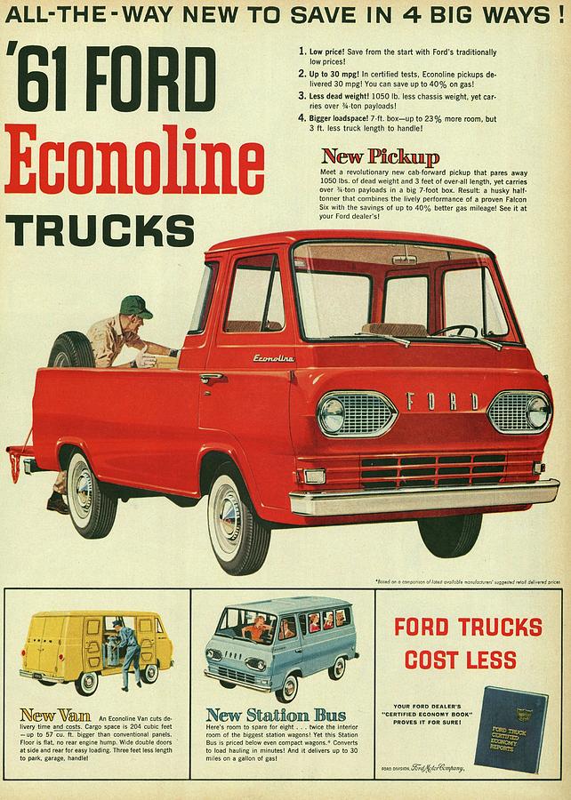 1961 Ford Econoline Vintage Ad Mixed Media by Movie Poster Prints