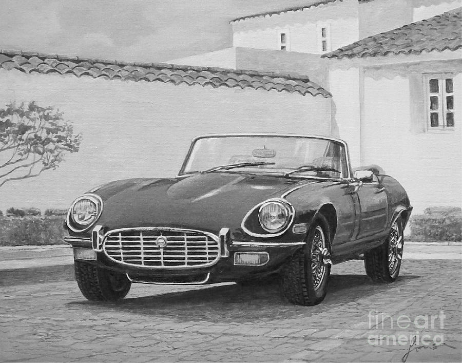 1961 Jaguar XKE Cabriolet In Black And White Painting by Sinisa Saratlic