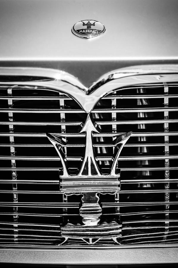 Black And White Photograph - 1961 Maserati 3500 GT Coupe Speciale Grille Emblem -0995bw by Jill Reger