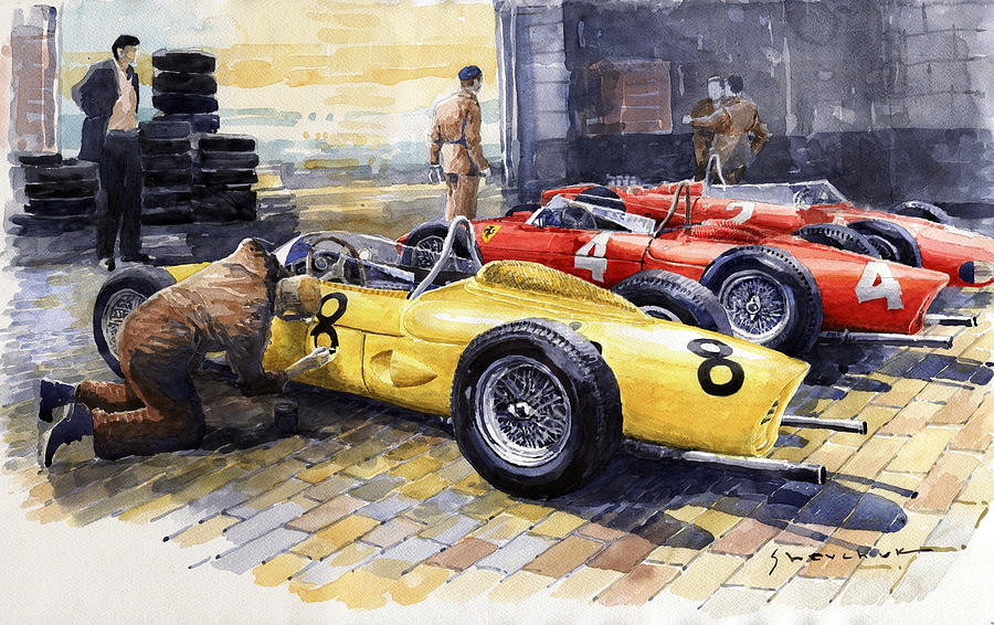 Watercolor Painting - 1961 Spa-Francorchamps Ferrari garage Ferrari 156 Sharknose  by Yuriy Shevchuk