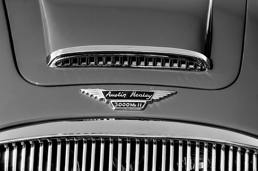 1962 Autsin Healey 3000 MK II Hood Emblem -0324bw Photograph by Jill Reger