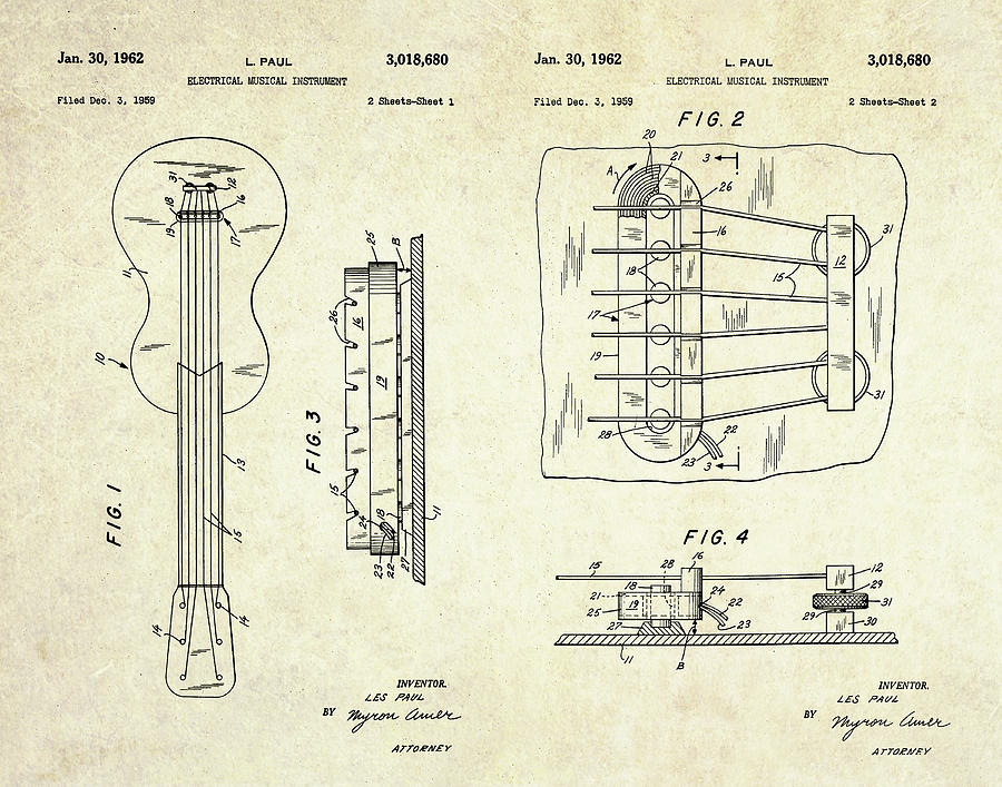 1962 Les Paul Magnetic Pick-Up Patent Art Sheets Digital Art by Gary Bodnar