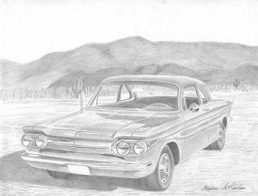 1963 Chevrolet Corvair CLASSIC CAR ART PRINT Drawing by Stephen Rooks