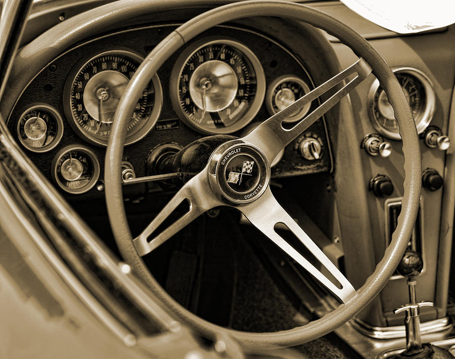 Vintage Photograph - 1963 Chevrolet Corvette Steering Wheel - Sepia by Gordon Dean II