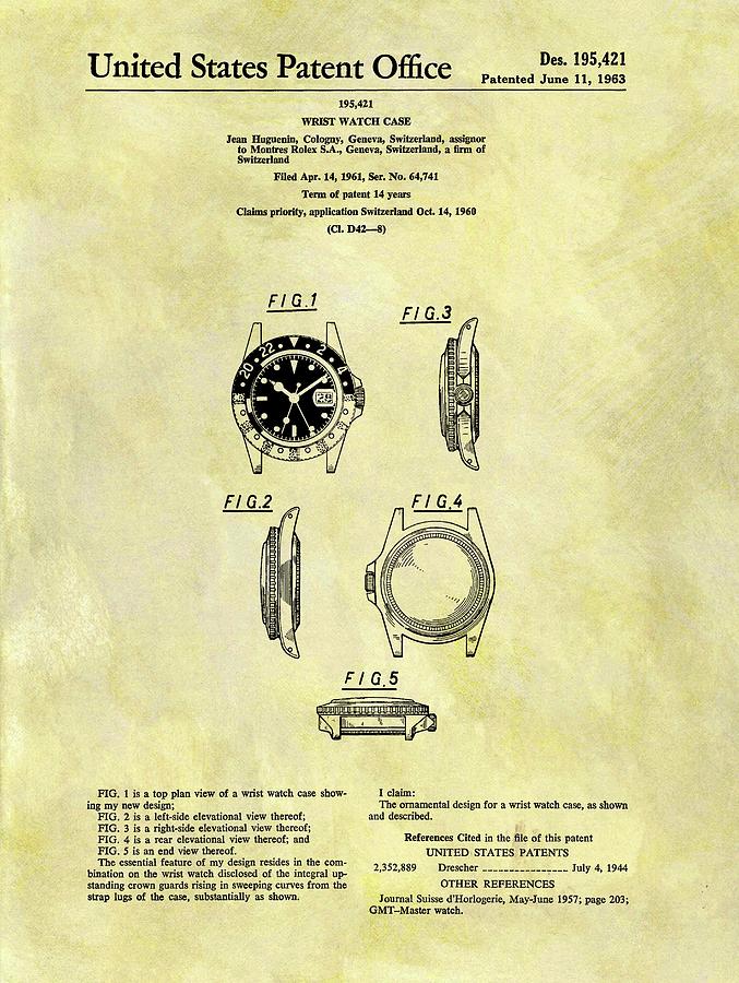 Rolex Drawing - 1963 Rolex Watch Patent by Dan Sproul Rolex Drawing - 1963 Rolex Watch Patent by Dan Sproul