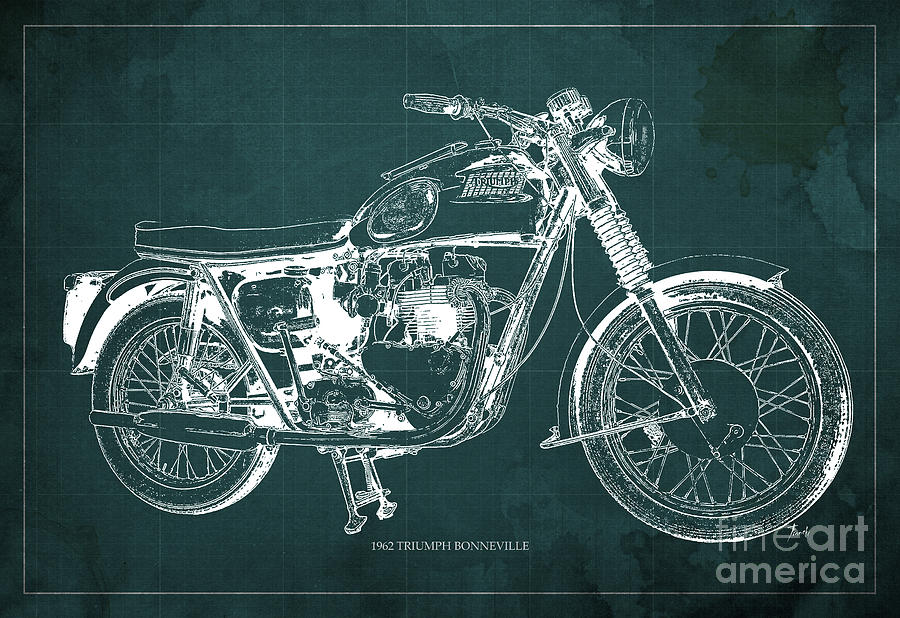 1963 Painting - 1963 Triumph Bonneville, Blueprint Green Background by Drawspots Illustrations 1963 Painting - 1963 Triumph Bonneville, Blueprint Green Background by Drawspots Illustrations