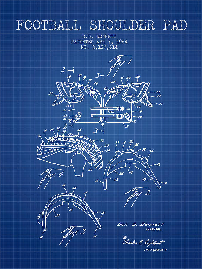 1964 Football Shoulder Pad Patent - Blueprint Digital Art