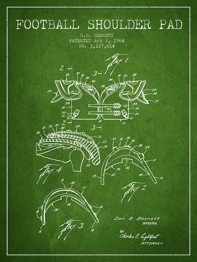 1964 Football Shoulder Pad Patent - Green Digital Art