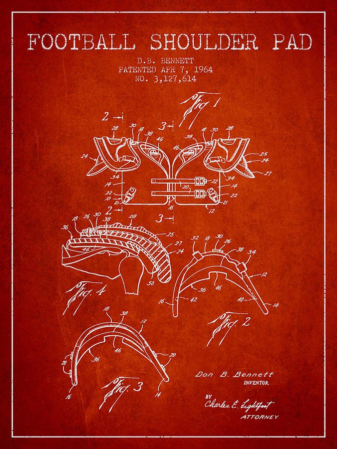 1964 Football Shoulder Pad Patent - Red Digital Art